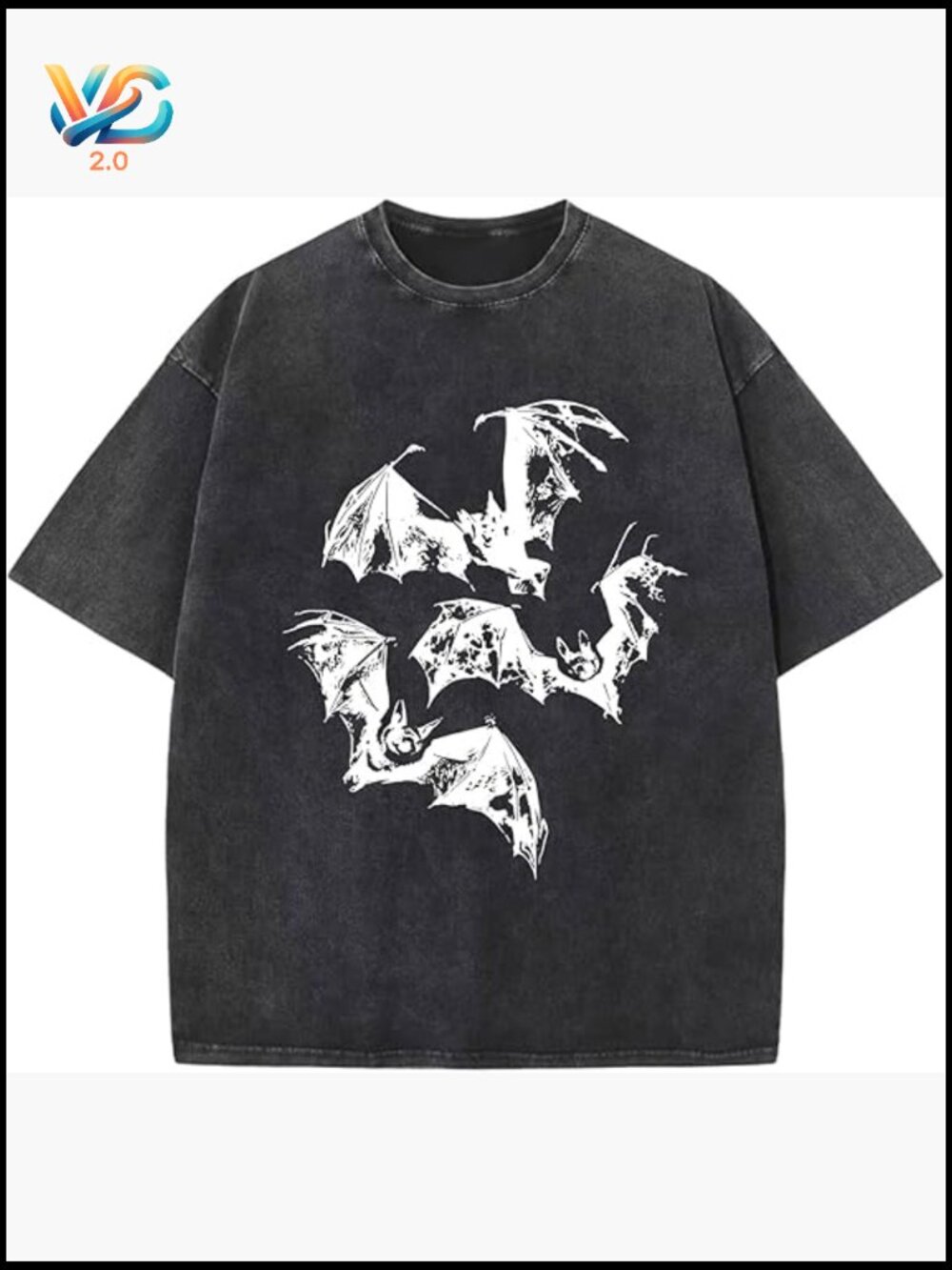 Oversized Bat Graphic Tee Vintage Acid Wash Cotton Y2K Streetwear T-Shirt - Picture 1 of 7
